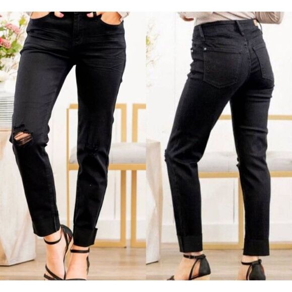 JUDY BLUE Mid Rise Black Denim Distressed Ripped Slim Fit Jeans sz 5/27 - Picture 1 of 4